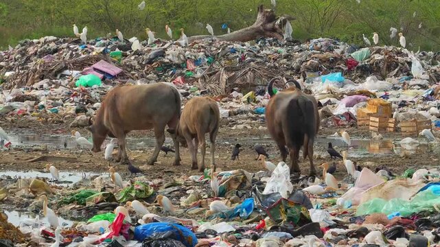 Cows eating garbage, Cows eating plastic, waste management crisis, cattle garbage dump, birds at landfill, garbage dump ecology, garbage contamination animals, crows eating birds garbage, food wastes.
