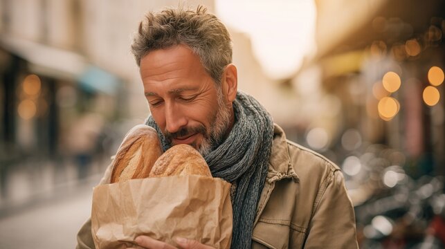 Man enjoying the comforting smell of freshly baked bread in a paper bag