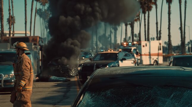 Firefighter scene, car on fire on the road with an ambulance and police car