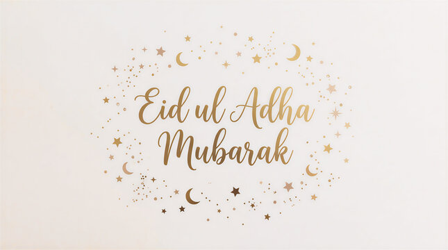 Confetti and stars around &ldquo;Eid ul Adha Mubarak&rdquo; text, white background