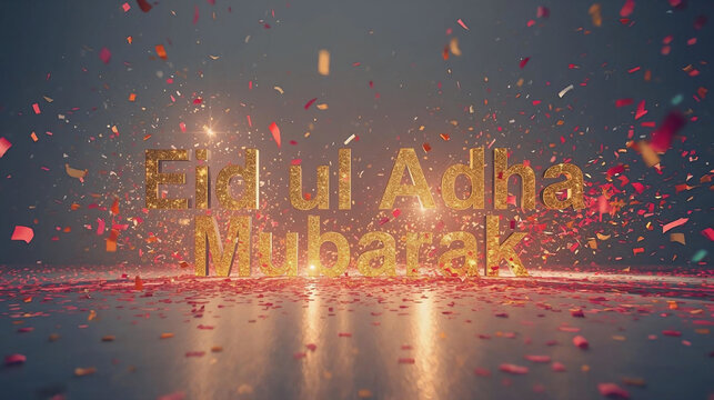 Confetti and stars around &ldquo;Eid ul Adha Mubarak&rdquo; text, background