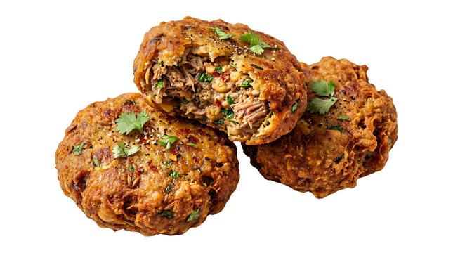 Traditional Shami Kabab with minced meat and lentils, crispy golden brown fried beef patties, authentic Pakistani and Indian meat cutlets with herbs isolated PNG with Transparent Background