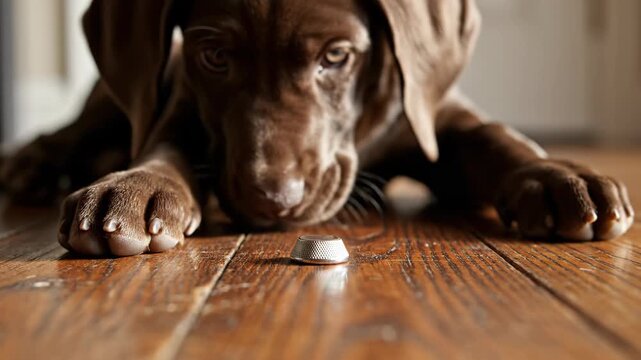 Brown dog with a silver button on wooden floor