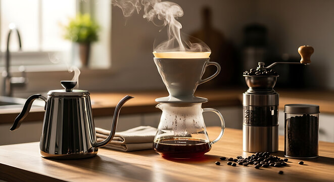 Coffee maker with kettle and beans.