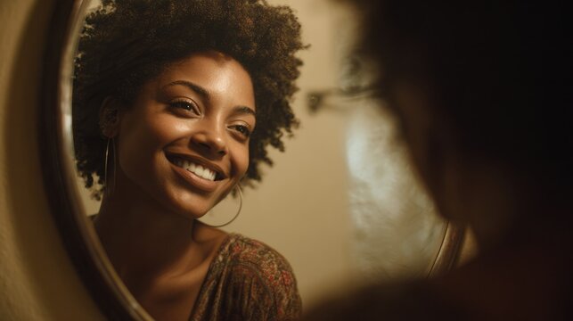 An attractive woman smiling in the mirror with natural lighting and warm tones