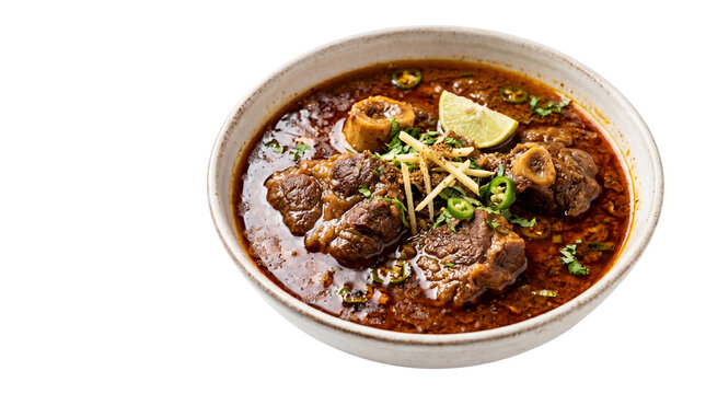 Traditional beef nihari stew in ceramic bowl, slow cooked mutton curry with bone marrow, spicy pakistani meat gravy with ginger and lime garnish isolated PNG with Transparent Background