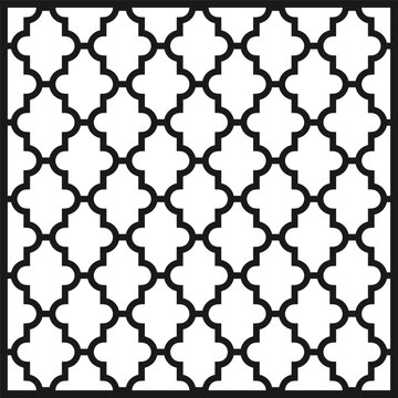 Vector illustration of an square architectural panel with a Moroccan quatrefoil or lattice pattern. This geometric design is optimized as a template for laser cutting and CNC milling.