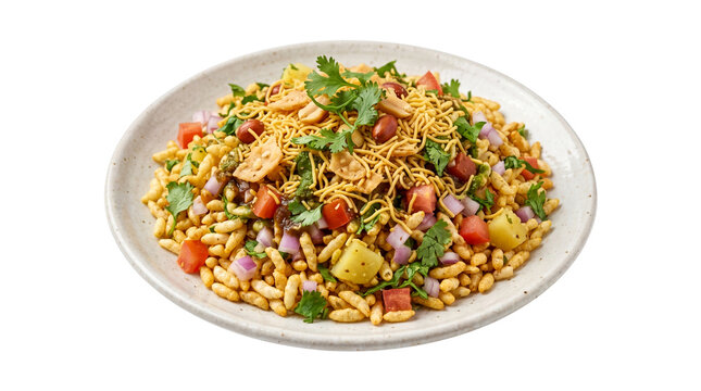 Traditional Bhel Puri Indian street food snack, spicy puffed rice chaat with sev and peanuts, savory vegetarian appetizer on ceramic plate isolated PNG with Transparent Background