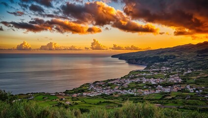 Obraz premium Coastal town nestled beneath a sunset sky, with the ocean and landscape in sight