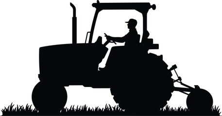 Farmer driving tractor silhouette, agriculture machinery vector illustration, rural farming equipment isolated design © Majnur