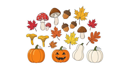 Autumn Elements Collection: Pumpkins, Mushrooms, Acorns, and Leaves © Danang