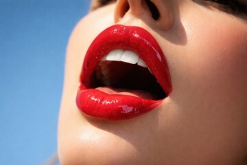Obraz premium Glossy red lips under sky
