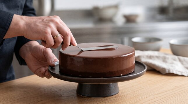 A person decorating a chocolate cake.