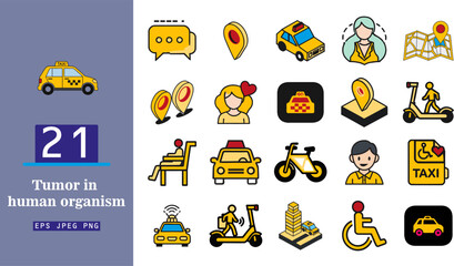 Fototapeta premium Vector graphic illustration set featuring various urban transportation and navigation related icons. This modern design includes different taxi cars, location map pins, scooter, bicycle, and diverse p