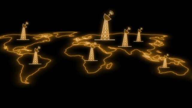 Global wireless network with radio towers on glowing world map animation