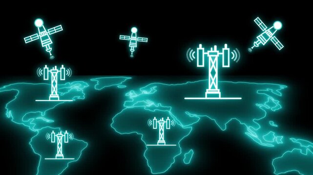Global satellite and wireless network coverage concept animation