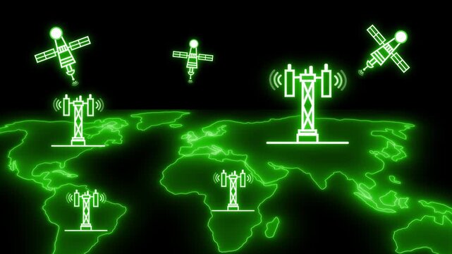 Global satellite and wireless network coverage concept animation