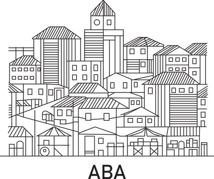 Aba city line draw simple minimalist. Black and white cityscape with varied building styles. Simple lines define houses, towers, and rooftops. Minimalist design highlights urban density and structure