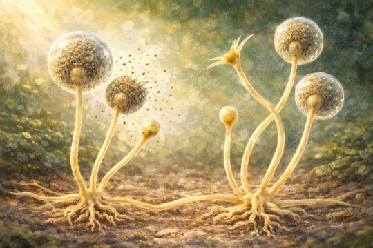 Rhizopus mold structure,generative ai illustration. Sporangia with visible spores on sporangiophores connected to rhizoids, showing fungal growth and spore release