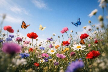 Naklejka premium Vibrant butterflies flutter over wildflowers.
