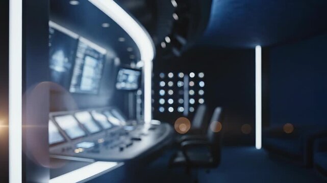 Modern futuristic control room with desks and monitors blurred