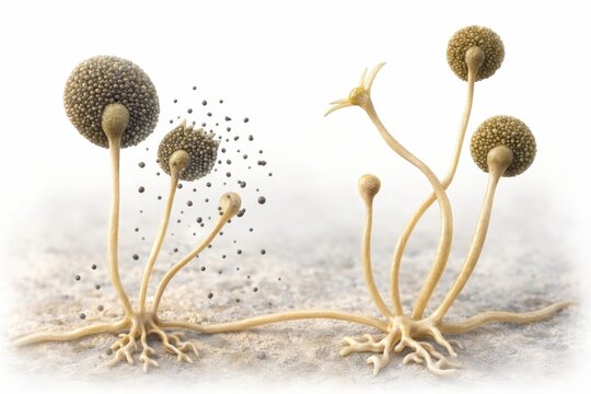 Rhizopus mold structure,generative ai illustration. Sporangia with visible spores on sporangiophores connected to rhizoids, showing fungal growth and spore release