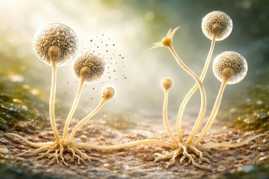 Rhizopus mold structure,generative ai illustration. Sporangia with visible spores on sporangiophores connected to rhizoids, showing fungal growth and spore release