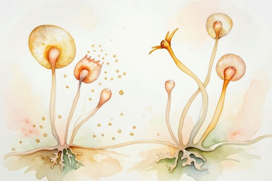 Rhizopus mold structure,generative ai illustration. Sporangia with visible spores on sporangiophores connected to rhizoids, showing fungal growth and spore release