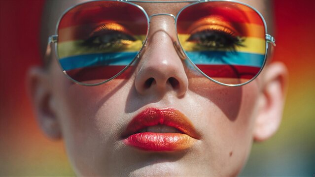 Portrait with rainbow aviator sunglasses and colorful lips.