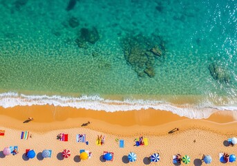 Fototapeta premium Azure Embrace: Where Sun-Kissed Sands Meet Ocean's Whisper