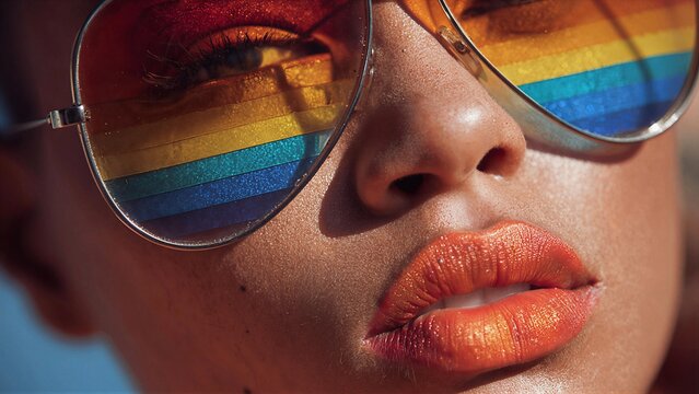 Close-up portrait with rainbow sunglasses and glossy lips.