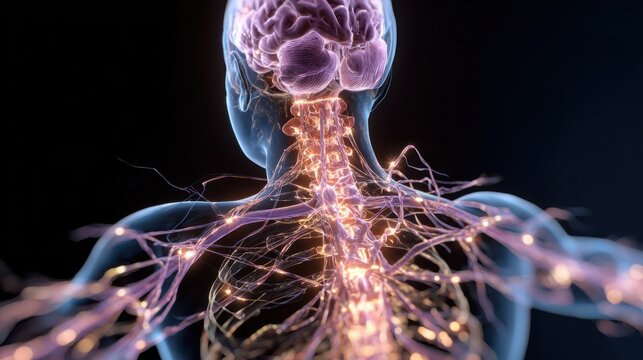 Detailed visualization of the human nervous system highlighting brain and spinal cord with extending nerve fibers