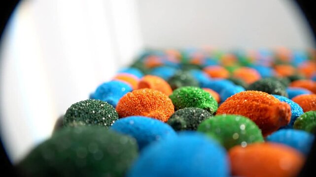 Close up view of colorful sugar coated candy in various colors arranged in a row with white background