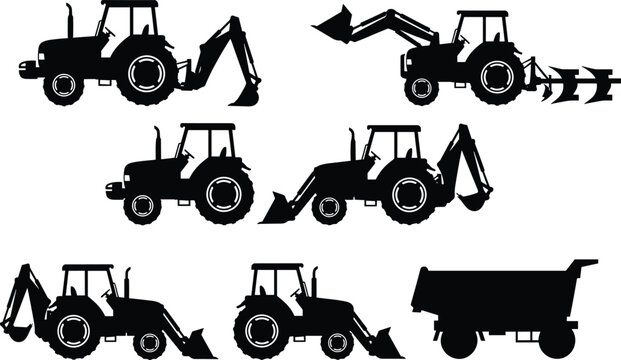 Set of Agricultural and Industrial Tractor Silhouettes with Backhoe Loader Excavator Attachments Farm Machinery and Heavy Equipment for Construction Work and Farming Industry Vector Illustrations