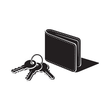 Black and white illustration depicting a wallet and a set of keys