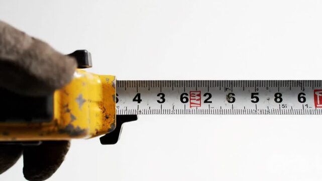 Close-up of a tape measure being used with a gloved hand on a white background, measuring