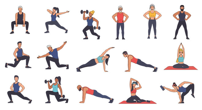 Set of 15 diverse people exercising vector illustration