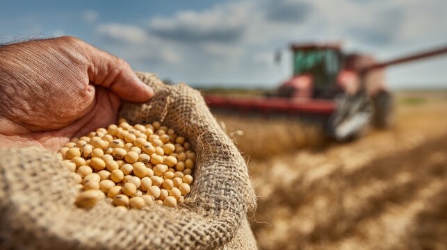 Hands holding soybeans in a burlap sack with a farm machinery in the background