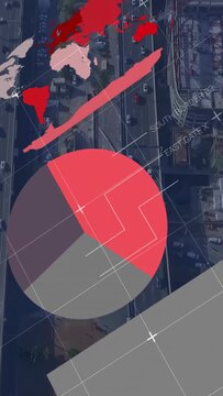 Birds-eye roadway showing moving cars with animated pie chart, grid overlaying plaza and parking