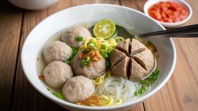 Indonesian bakso meatball soup with noodles, lime, and herbs in clear savory broth, traditional street food dish with warm comforting flavors and authentic presentation.