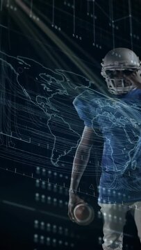Football player is entering frame, adjusting helmet and cradling ball with glowing map animating