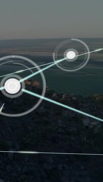 Vertical video: Pulsing UI dot starting network, linking nodes and clumping, fading to map coast