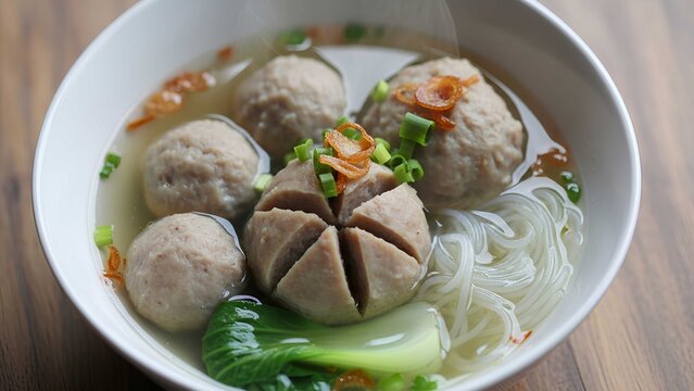 Traditional Indonesian bakso meatball soup with beef meatballs, glass noodles, bok choy, and savory broth served in a white bowl. Popular Indonesian street food and comforting noodle dish.