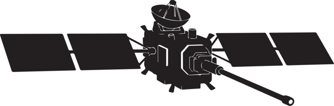 Satellite, spacecraft, solar panels, black illustration, vector graphic