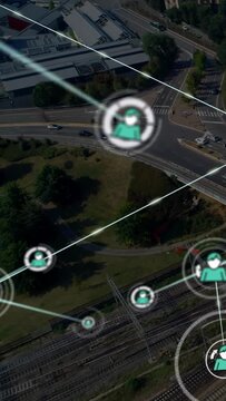 Vertical video: Diagonal streak sparking dot teal nodes popping lines joining showing transit links