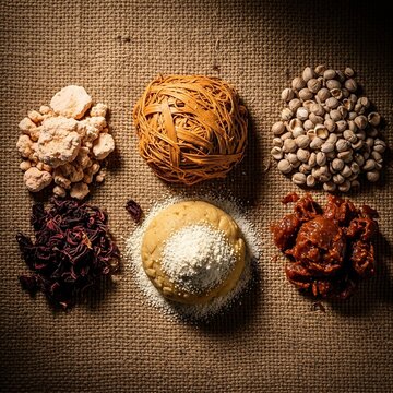 Symmetrical overhead view of fonio grains, sorghum dough ball, dried hibiscus flowers, and whole coriander seeds on grey.