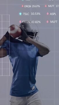 Vertical video: Player holding ball, turning and dodging tackler while sports stats staying right