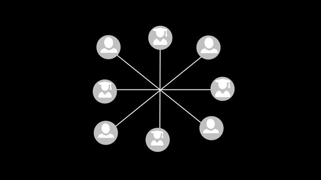 User network hub and spokes on black background animation