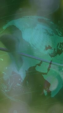 Vertical video: Map appearing, globe rotating, showing continents for tech security, plant drifting