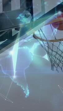 Vertical video: Player hand guiding ball to rim, globe dots growing, wrapping, showing sports stats